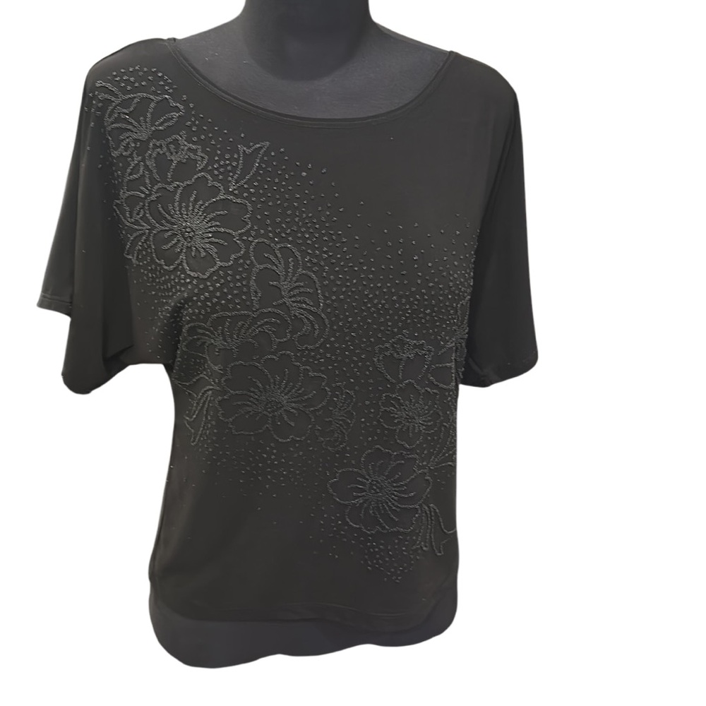 Dolman Sleeve Blouse W Beaded Floral Design Medium Petite Black Tone On Tone